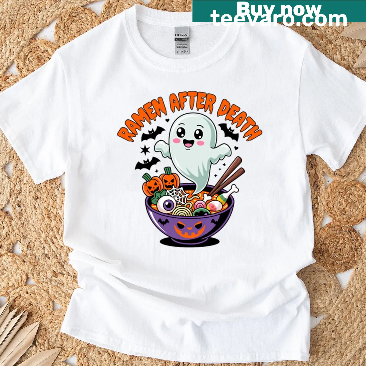 Cartoon ghost with ramen bowl in Halloween design — on a men's t-shirt