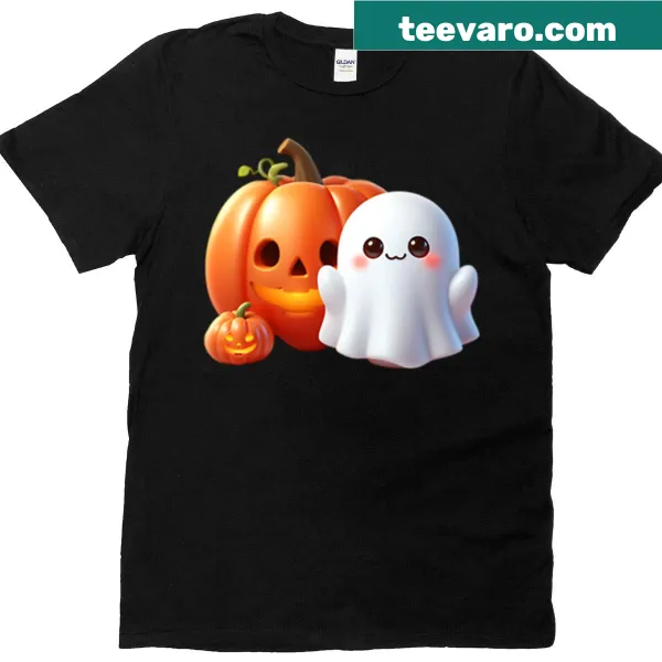 Kawaii ghost surrounded by pumpkins on Halloween t-shirt