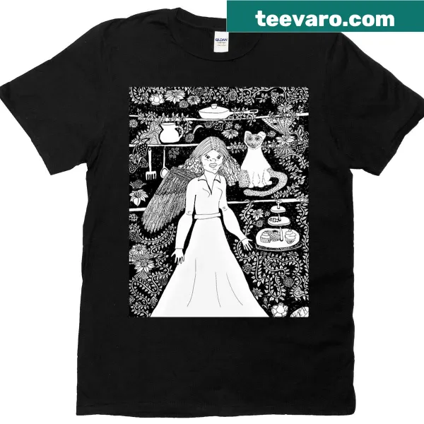 Cartoon T-shirt featuring a woman with birds in a kitchen setting