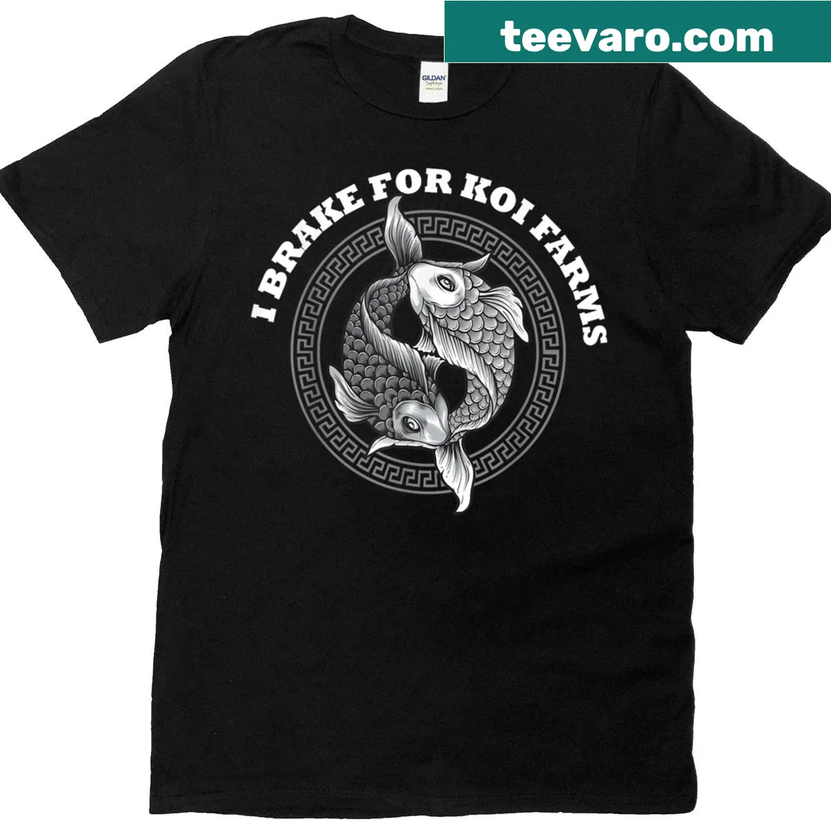 Illustrative t-shirt featuring koi fish and the phrase I Brake For Koi Farms — on a men's t-shirt
