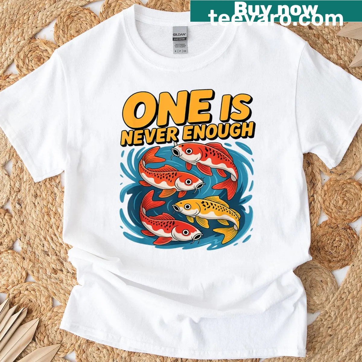 Illustrated koi fish with the phrase 'One Is Never Enough' on a t-shirt. — on a men's t-shirt