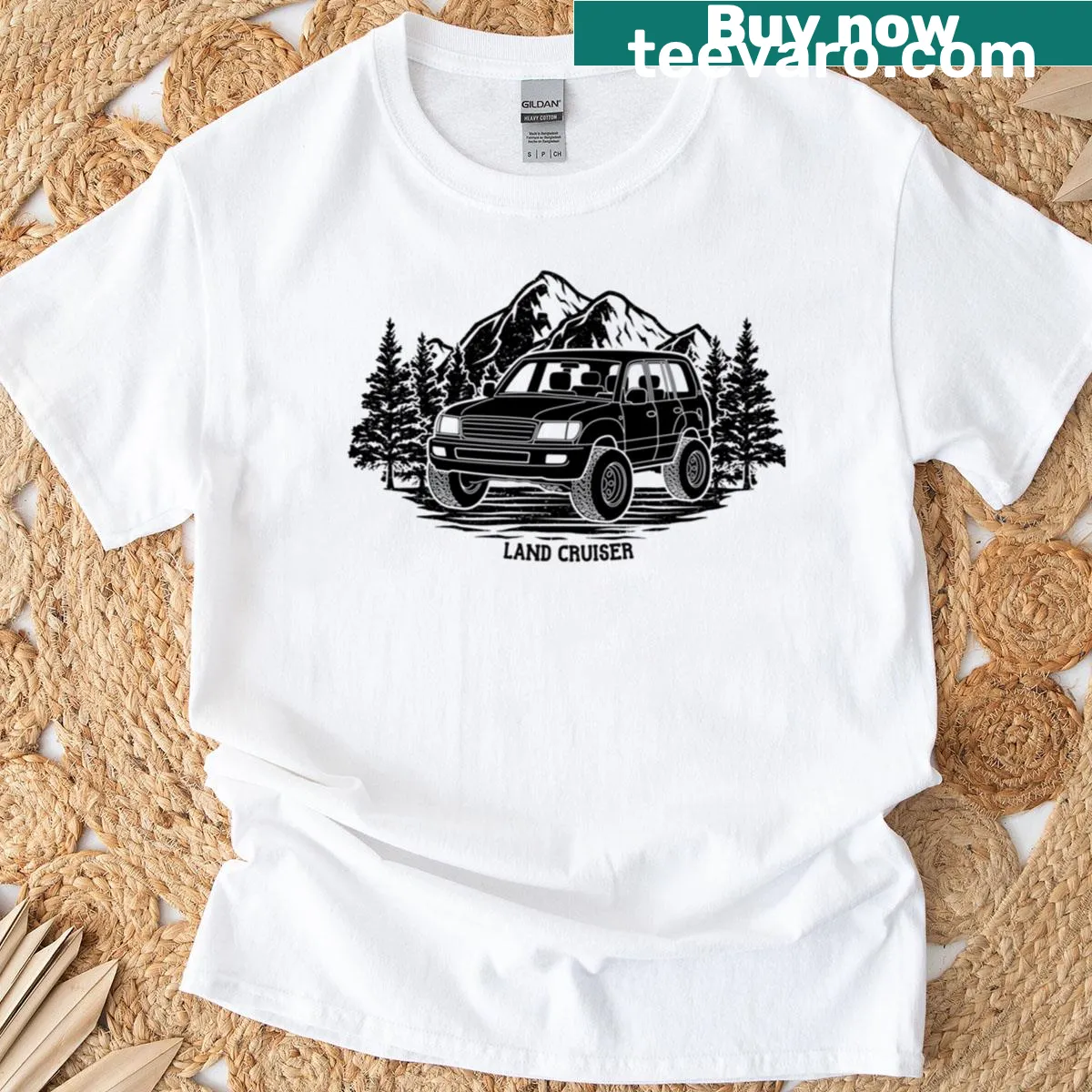 Illustrated t-shirt featuring Land Cruiser 100 Series design — on a men's t-shirt