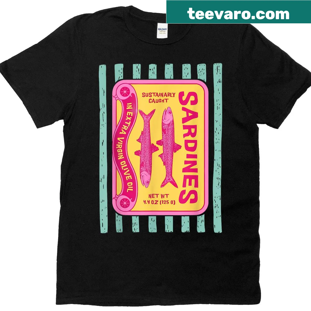 Coastal aesthetic t-shirt featuring playful sardine graphic — on a men's t-shirt