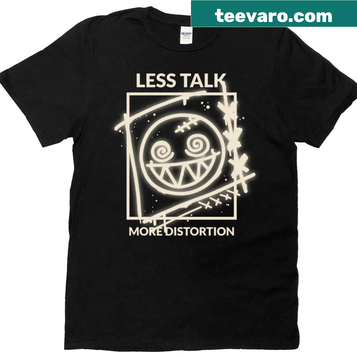 Less Talk More Distortion graphic t-shirt with bold typography — on a men's t-shirt