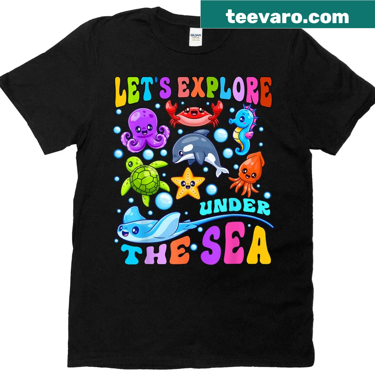 Illustrative t-shirt for students and teachers with underwater exploration theme — on a men's t-shirt