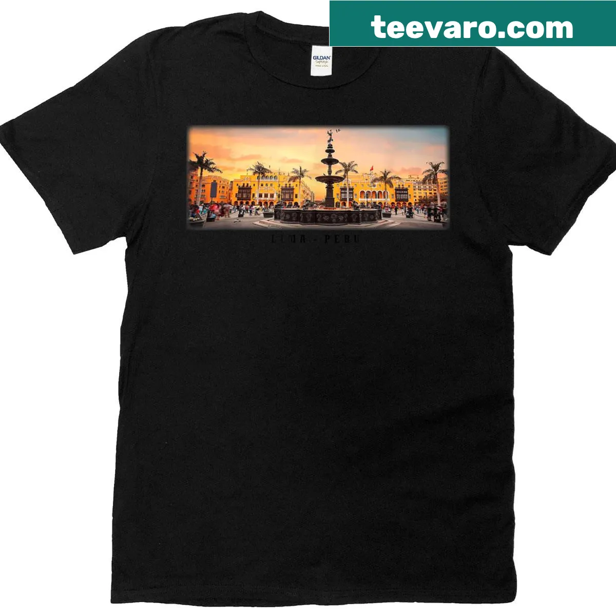 T-shirt featuring Lima's Plaza Mayor sunset graphic — on a men's t-shirt