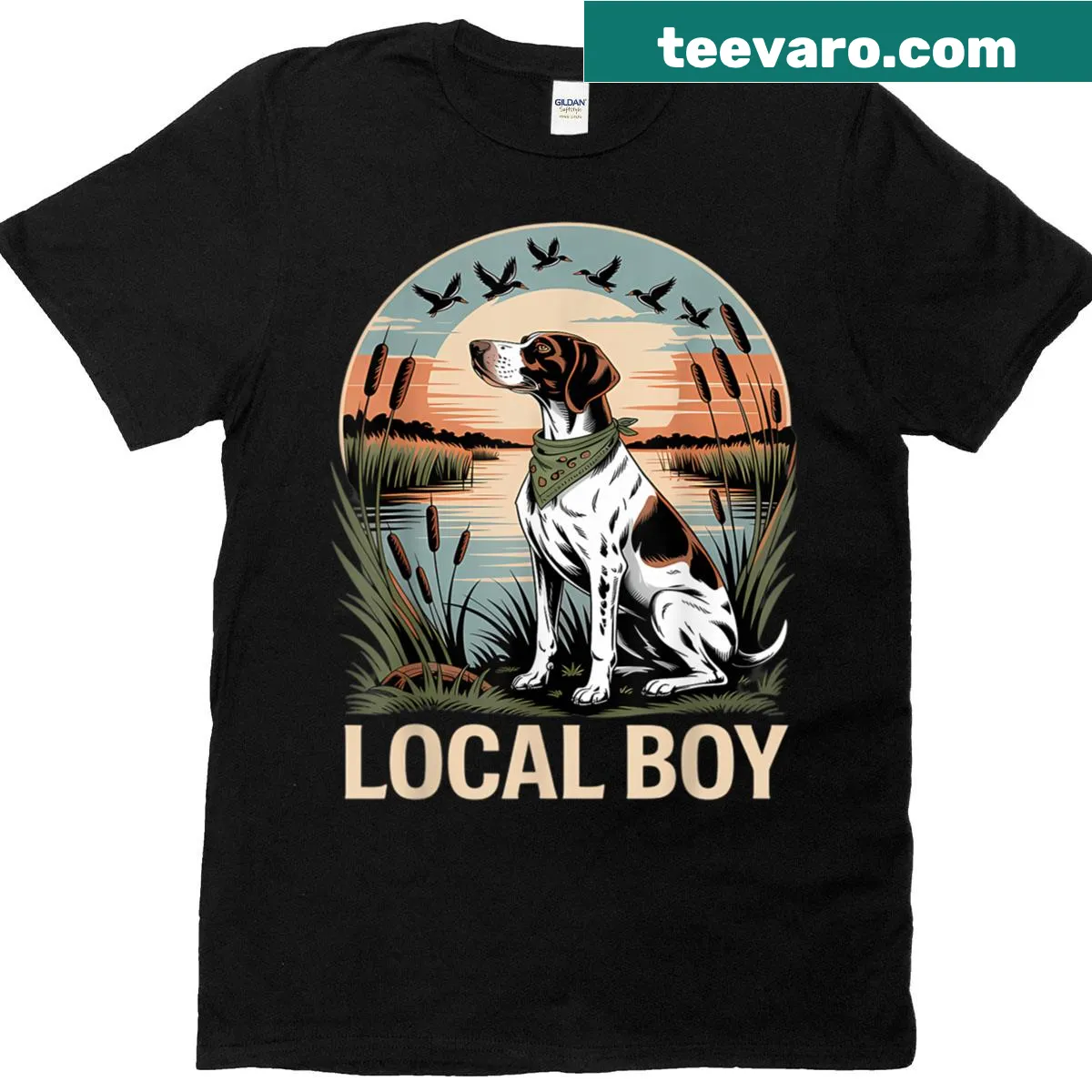 Vintage hunting shirt with a sunset and hunting dog illustration — on a men's t-shirt