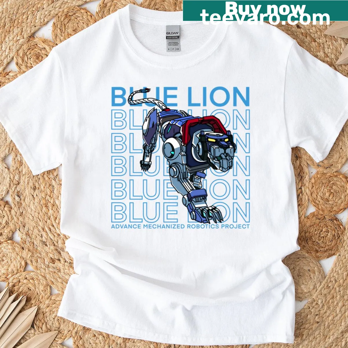 Stylized blue lion silhouette on a low-poly graphic t-shirt — on a men's t-shirt