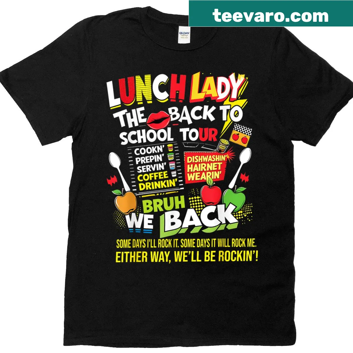 Funny lunch lady themed cafeteria art illustration on t-shirt — on a men's t-shirt