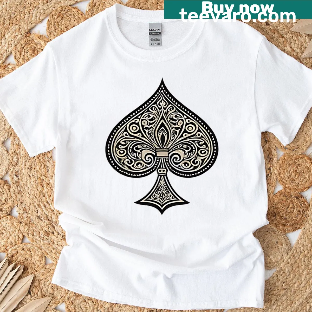 Intricate spade art t-shirt with luxurious ornamental details — on a men's t-shirt