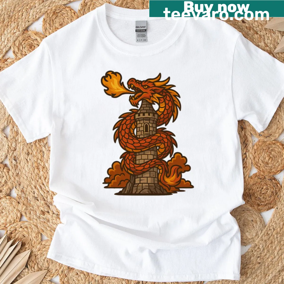 Majestic fire dragon graphic wrapped around a medieval castle — on a men's t-shirt