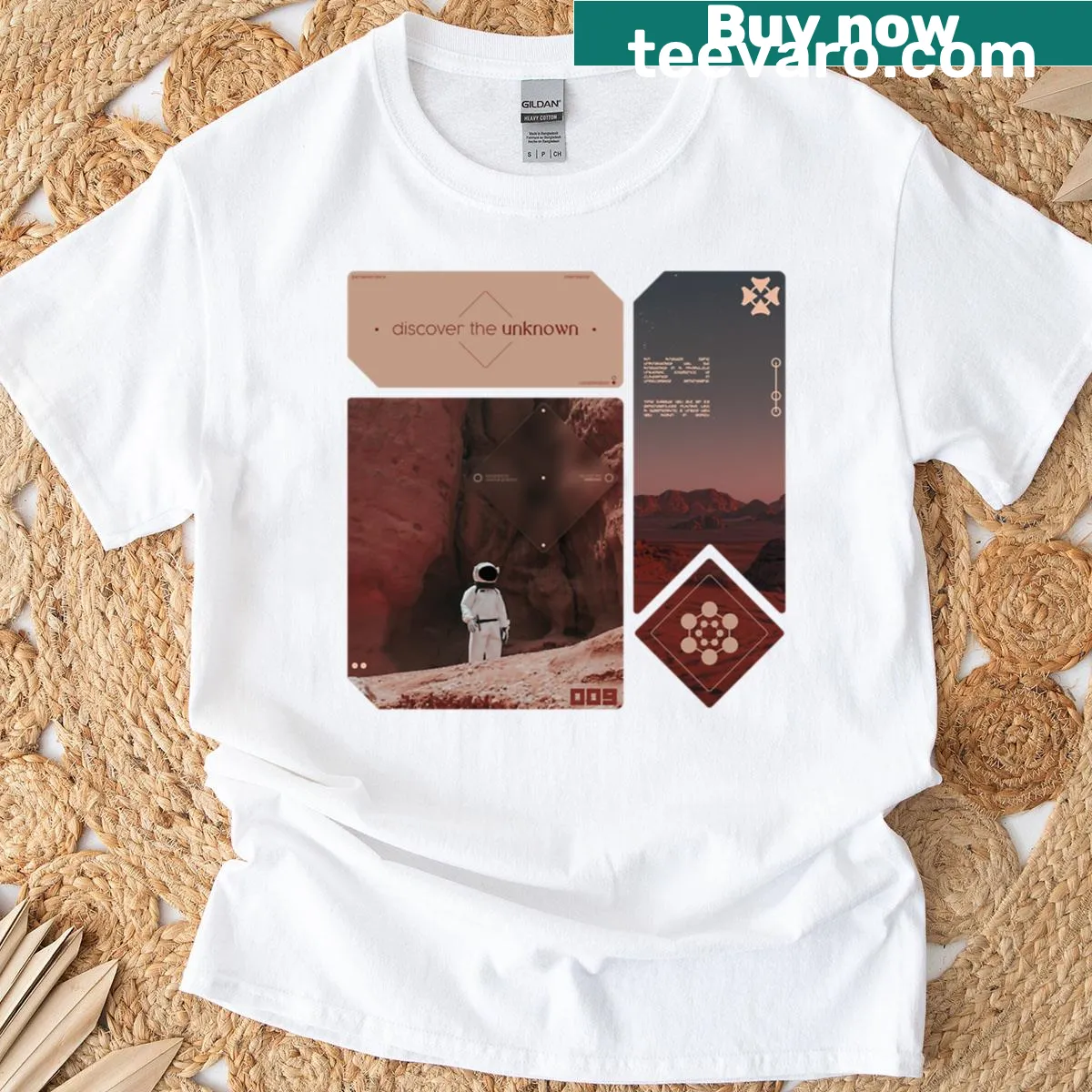 Stylized Martian graphic on T-shirt, featuring a playful poster design. — on a men's t-shirt