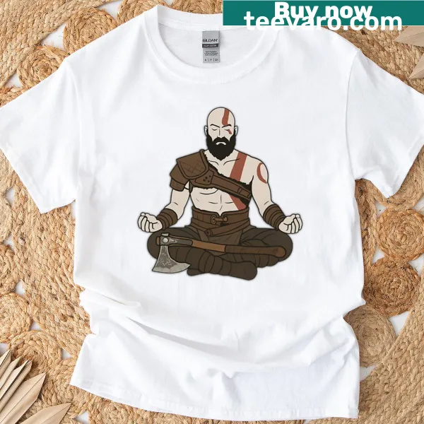 Illustration of Kratos meditating on T-shirt, blending strength with calmness.