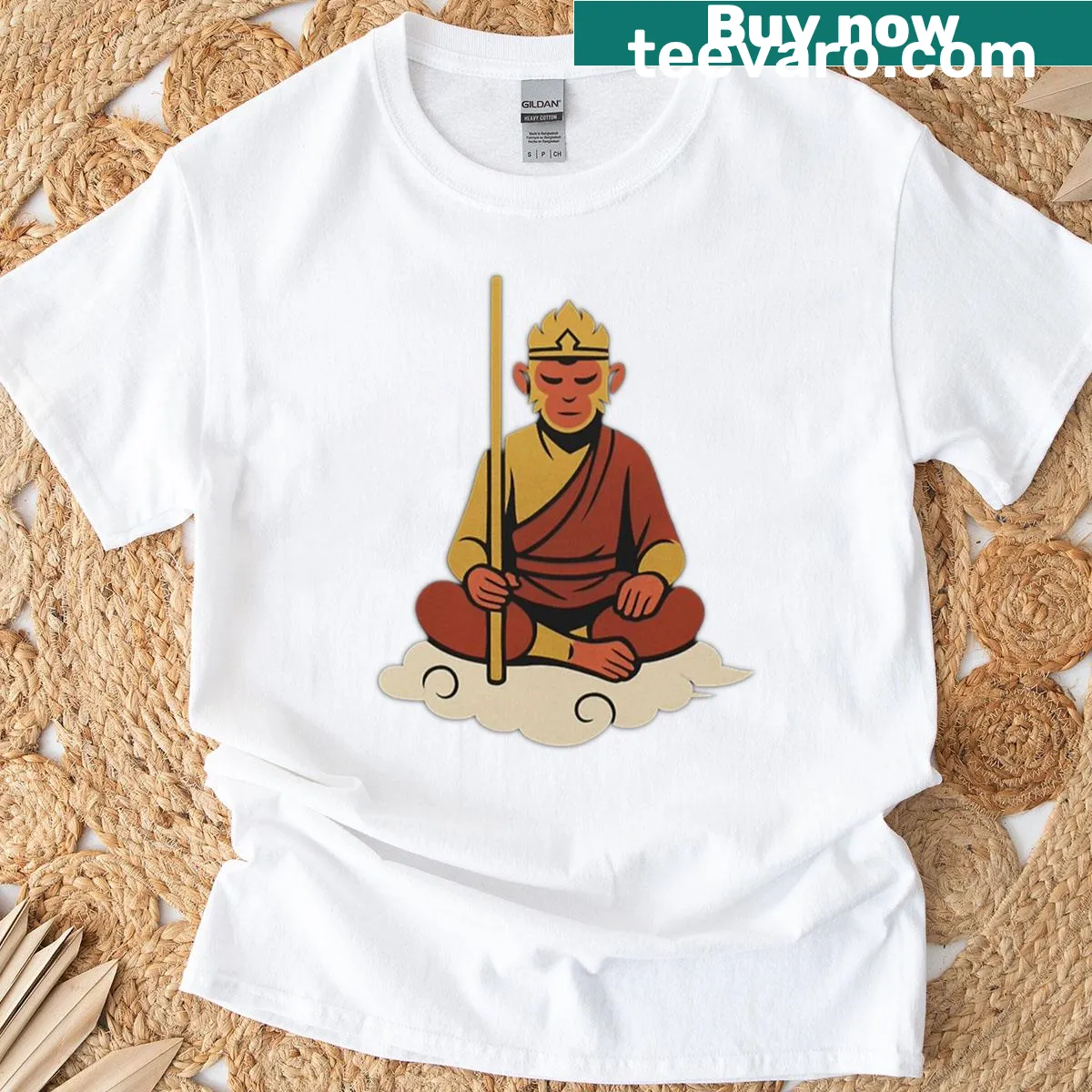 Illustrated Wukong meditating surrounded by nature elements — on a men's t-shirt