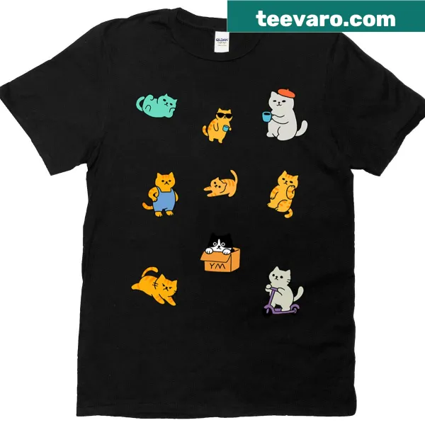 Illustrated shirt featuring playful cats, ideal for cat lovers.
