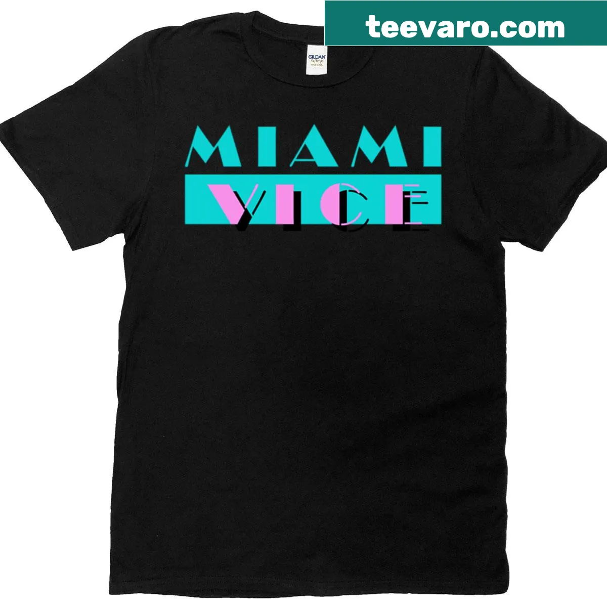 Miami Vice neon logo graphic t-shirt celebrating 80s television — on a men's t-shirt