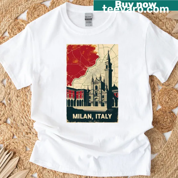 Vintage travel t-shirt featuring Milan Italy graphic