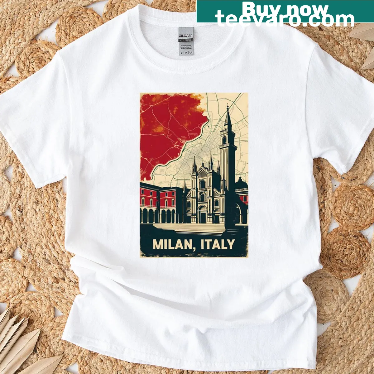 Vintage travel t-shirt featuring Milan Italy graphic — on a men's t-shirt