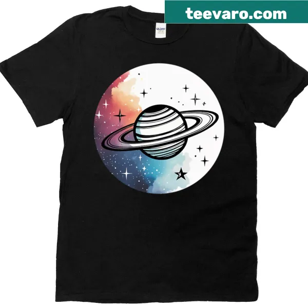 Minimalist planet with rings graphic on a t-shirt