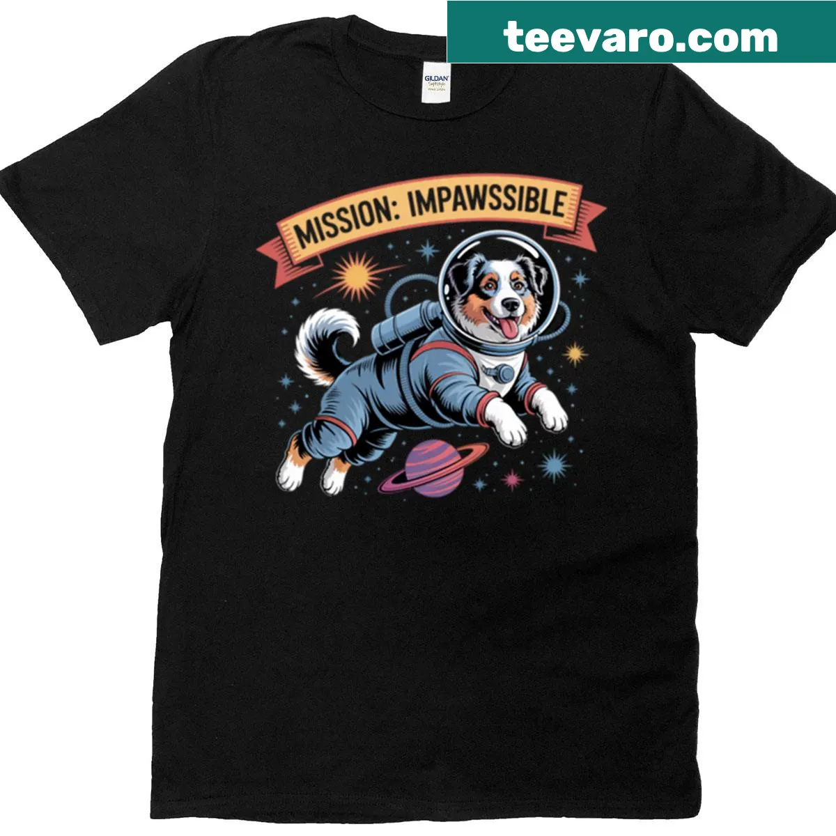 Funny dog-themed shirt with 'Mission Impawssible' text and illustration — on a men's t-shirt