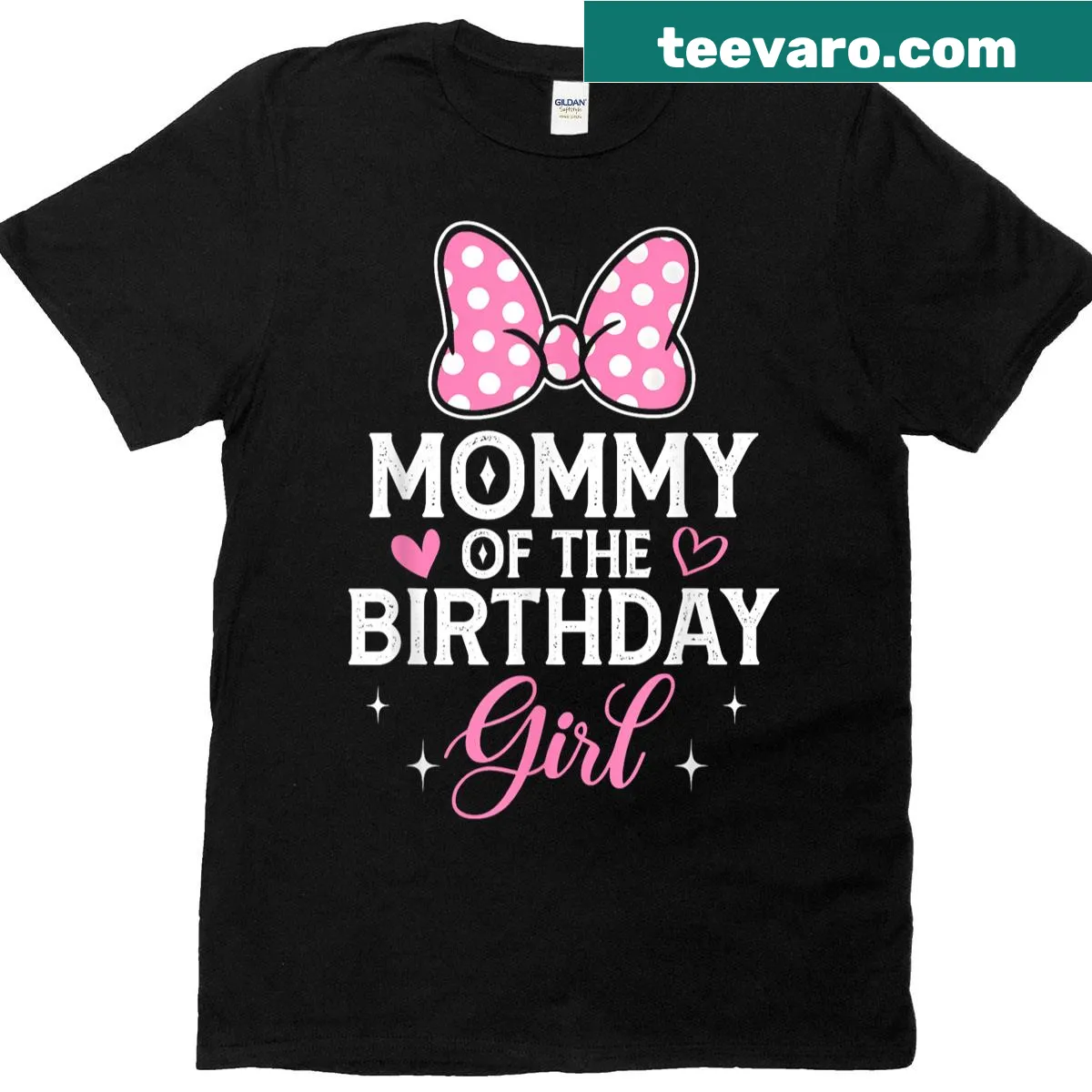 Mommy of the Birthday Girl t-shirt with a pink bow graphic — on a men's t-shirt