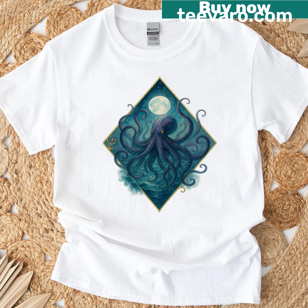 Moonlit kraken sea monster graphic design — on a men's t-shirt