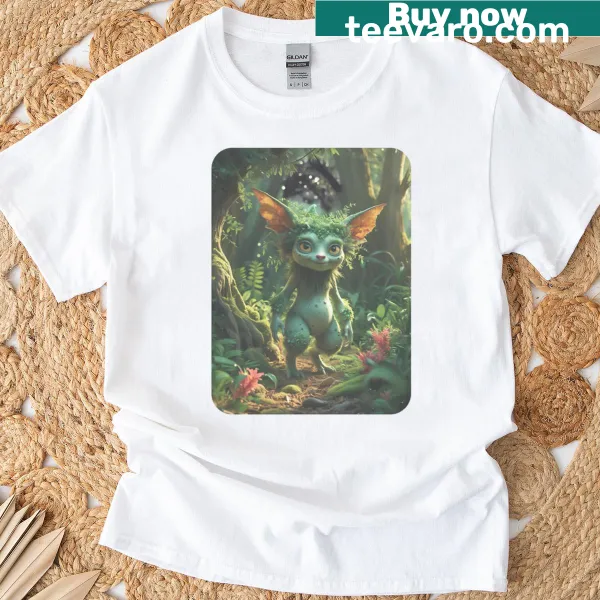 Whimsical moss-covered sprite illustration on a T-shirt.
