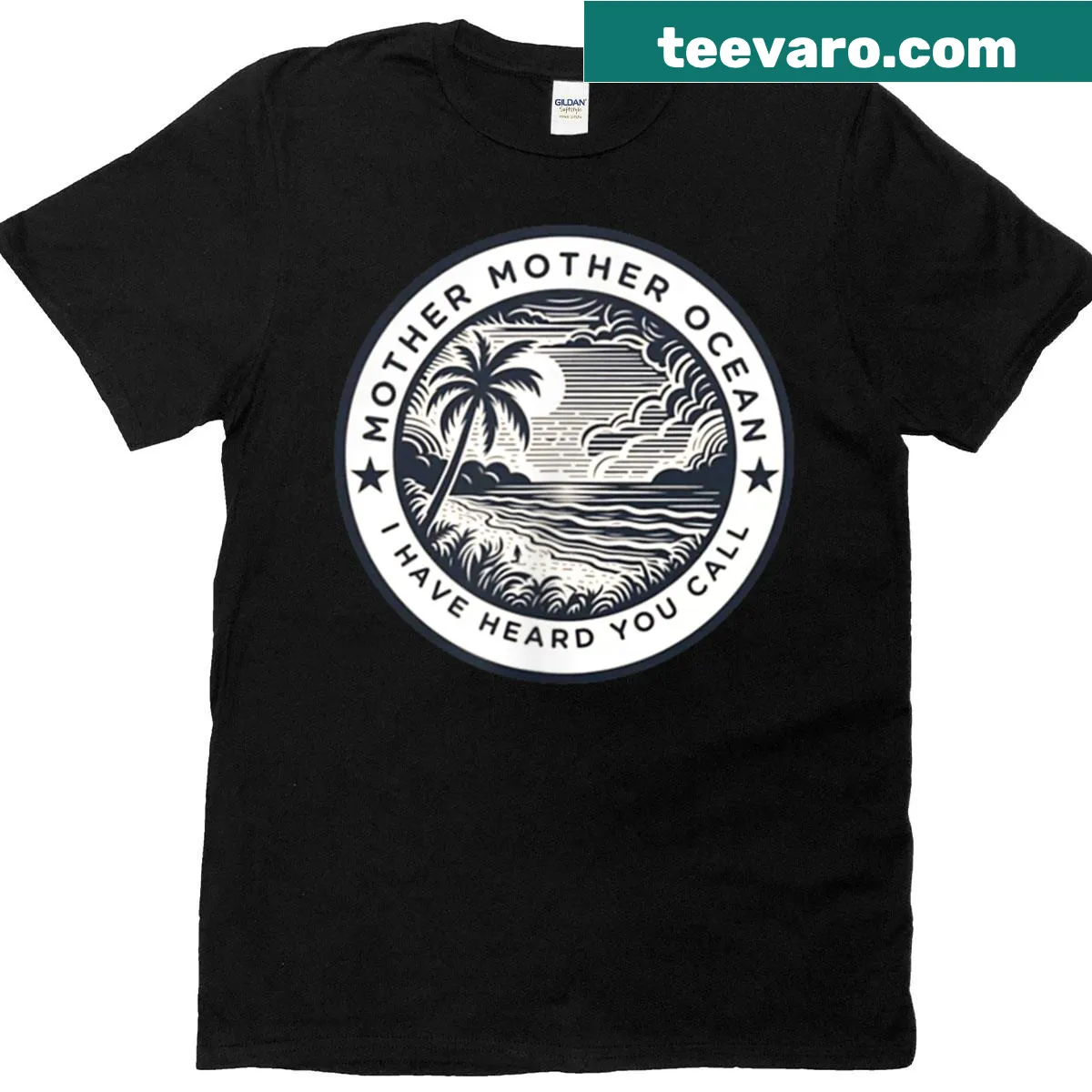 Stylish t-shirt with 'Mother Mother Ocean' text on both sides — on a men's t-shirt