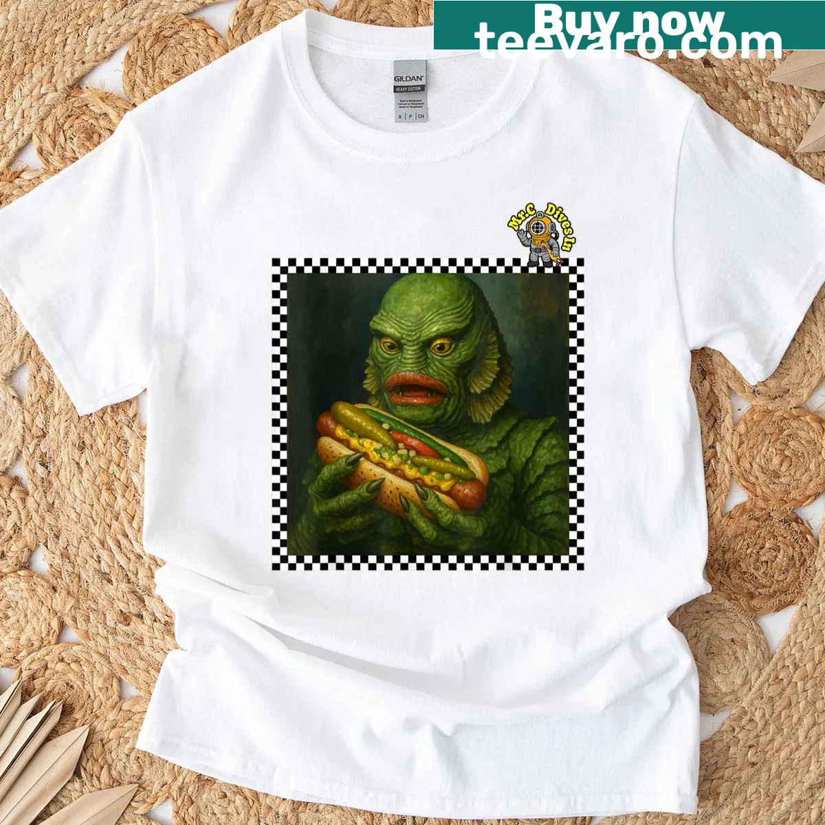 Cartoon hot dog character design T-shirt — on a men's t-shirt