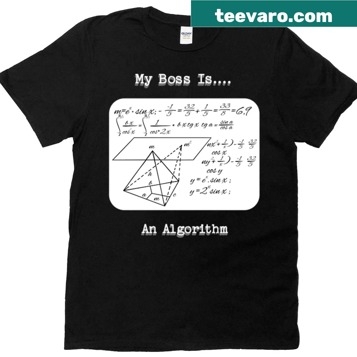 Typography T-shirt saying 'My Boss Is An Algorithm' — on a men's t-shirt