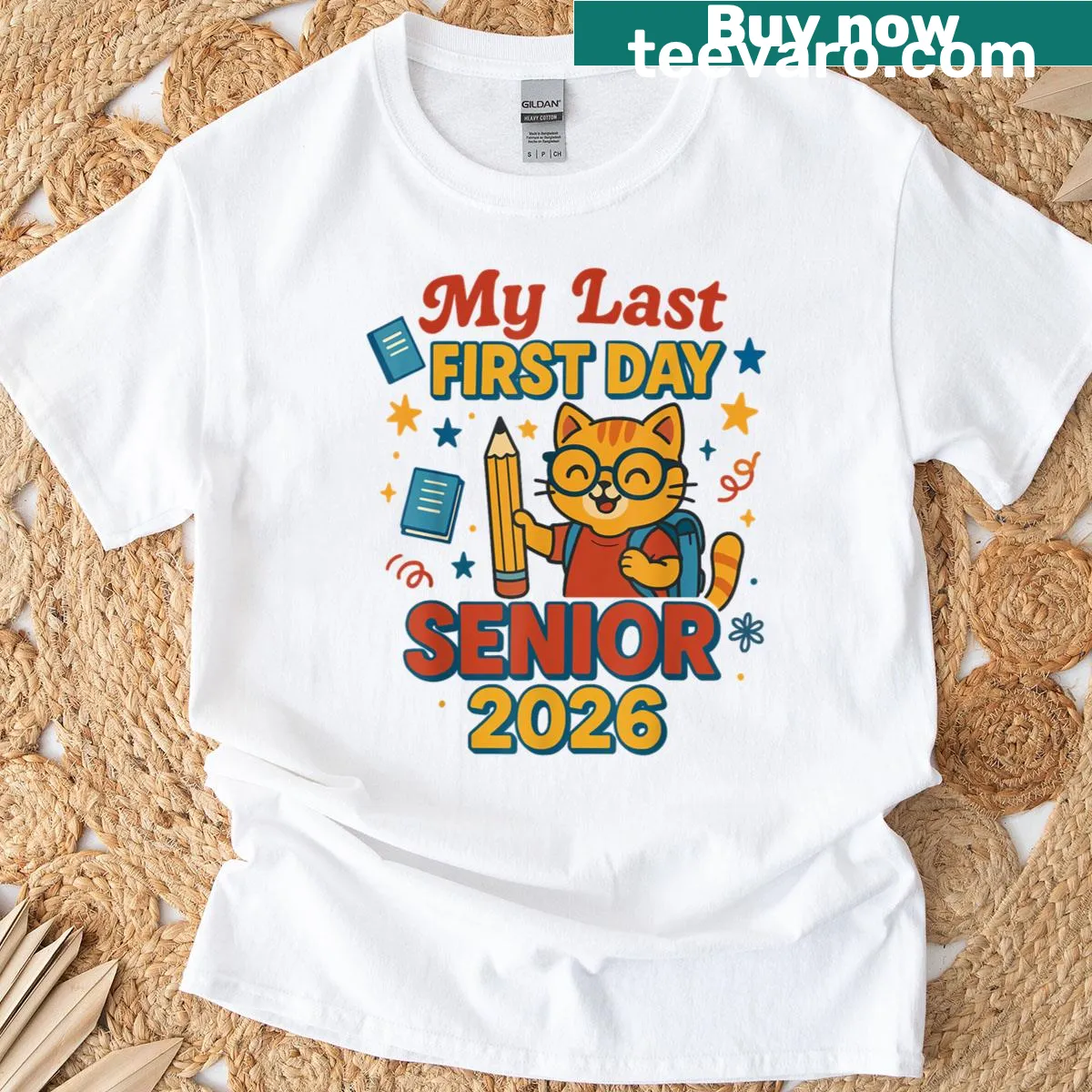Cute T-shirt featuring a cat and 'My Last First Day Senior 2026' design — on a men's t-shirt