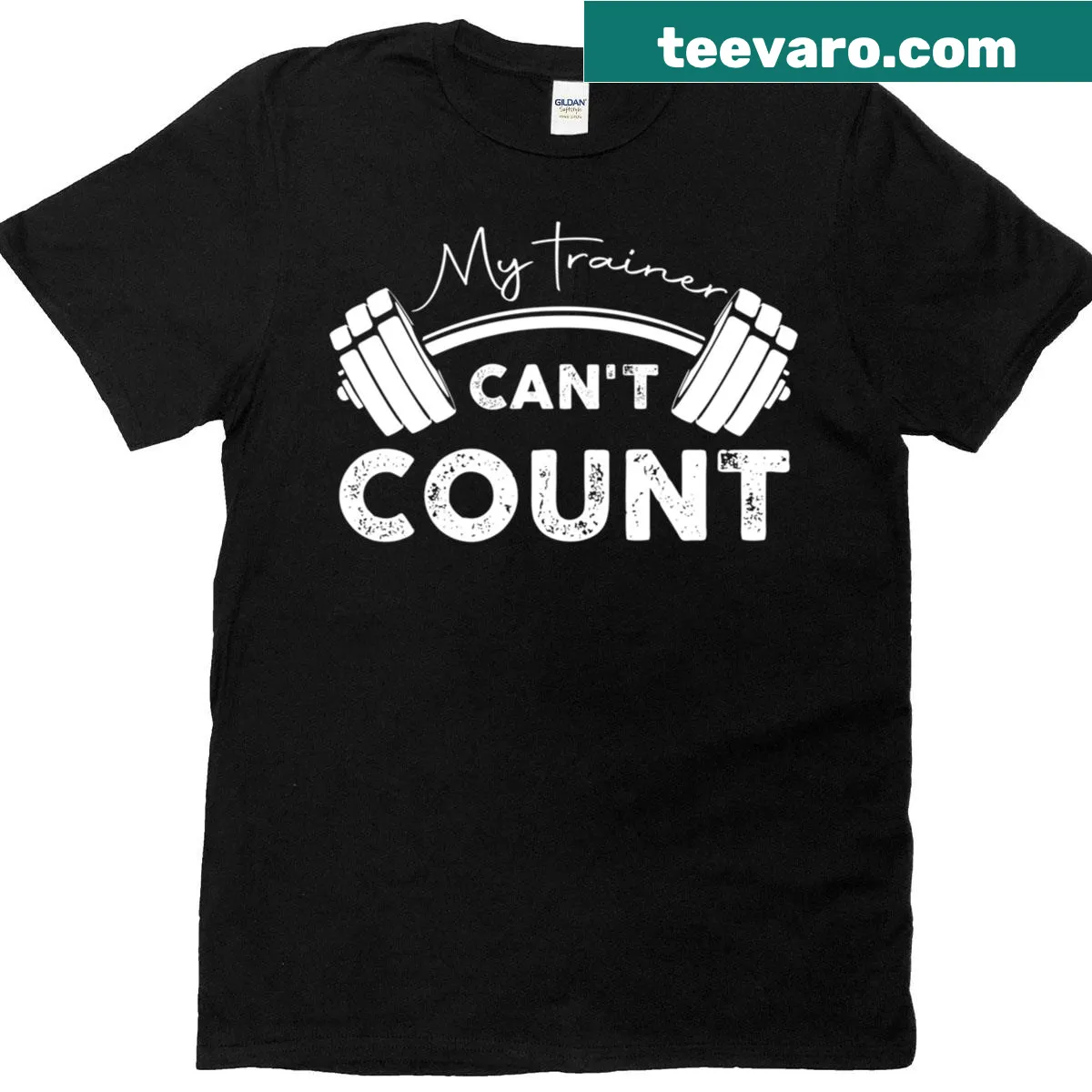 Funny gym T-shirt with text 'My Trainer Cant Count' — on a men's t-shirt