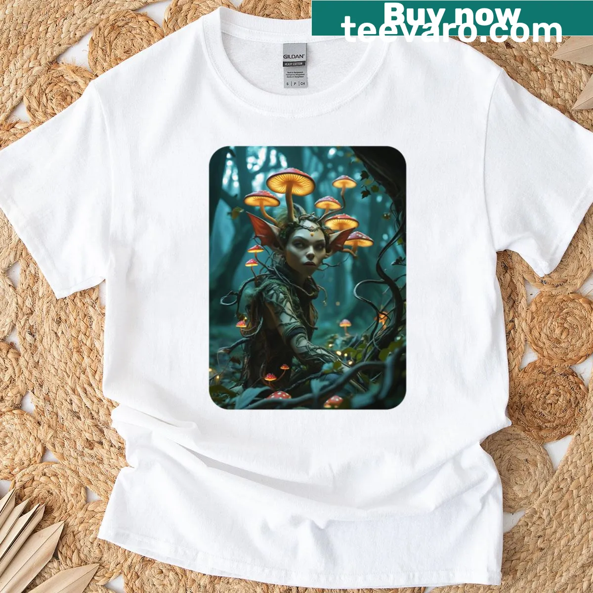 Whimsical T-shirt design featuring a mycelial guardian or forest spirit — on a men's t-shirt