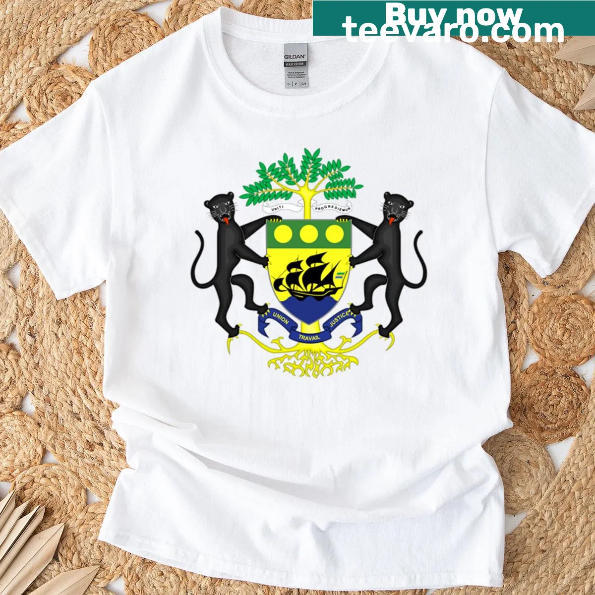 National emblem seal of Gabon graphic t-shirt — on a men's t-shirt