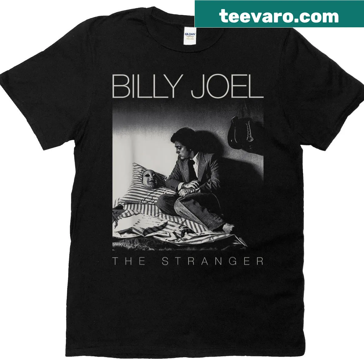 T-shirt featuring The Stranger album cover art by Billy Joel — on a men's t-shirt