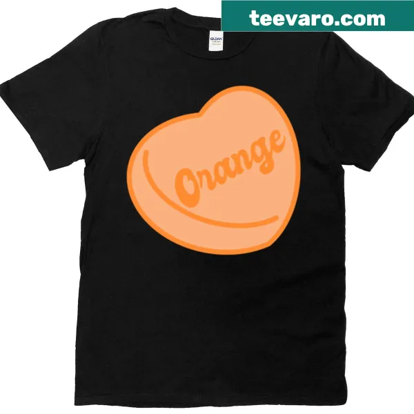 Orange candy heart graphic on a fun t-shirt