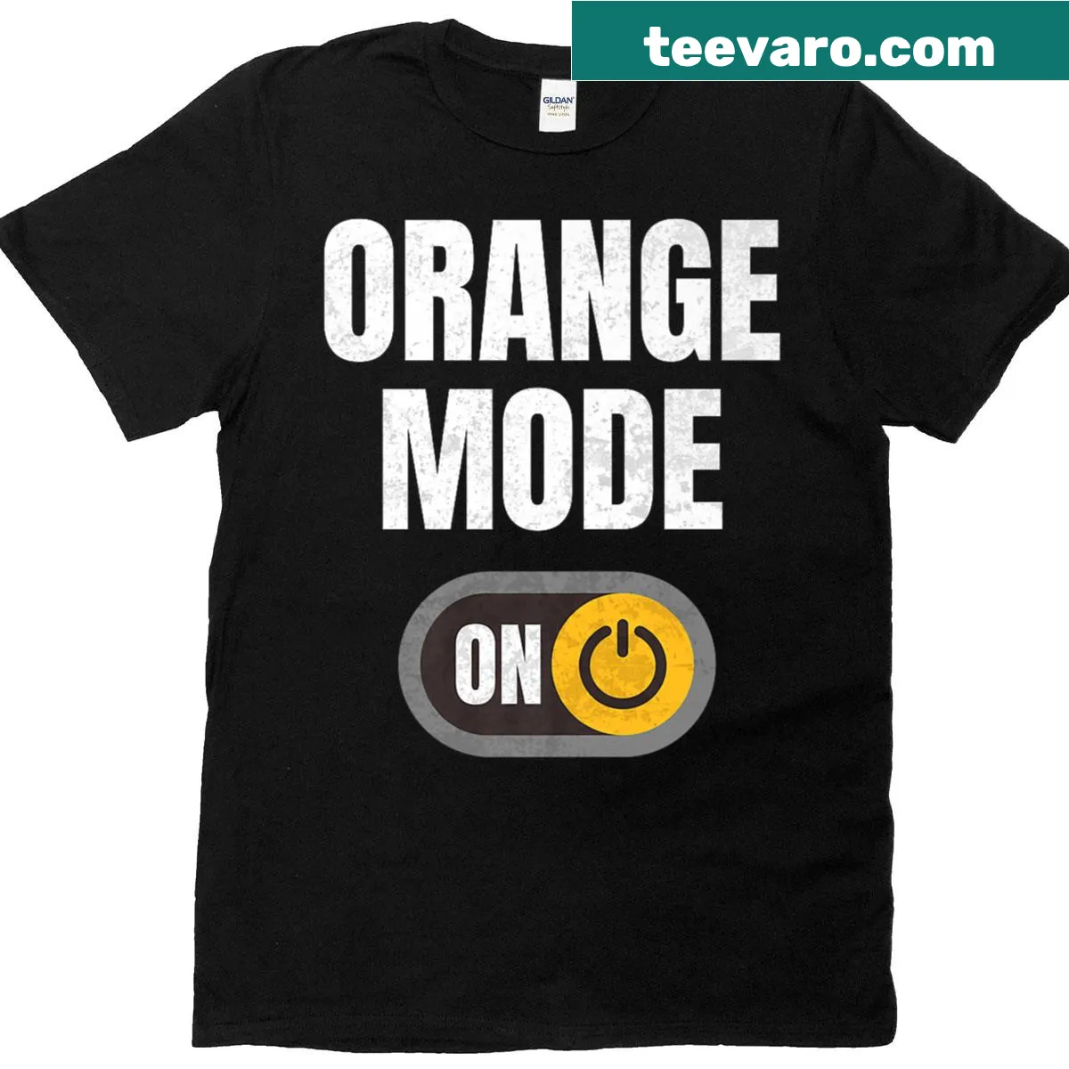 Funny T-shirt with 'Orange Mode On' text for fruit lovers — on a men's t-shirt
