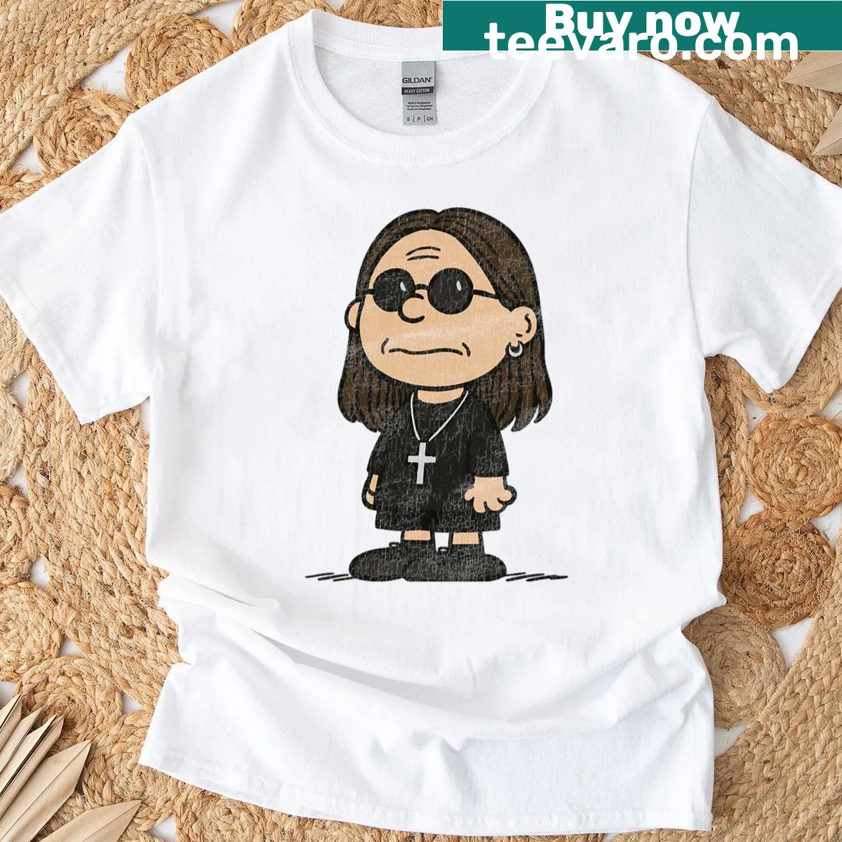 Illustrated Ozzy Osbourne t-shirt featuring bold graphics — on a men's t-shirt