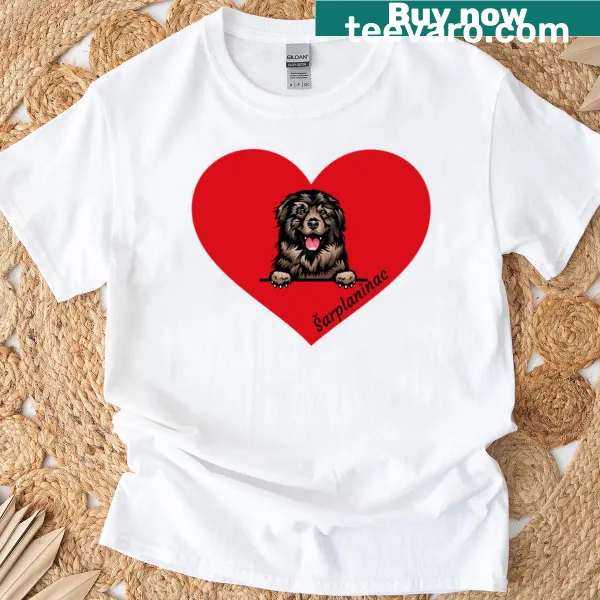 Cute T-shirt with illustration of Sarplaninac dog in a red heart