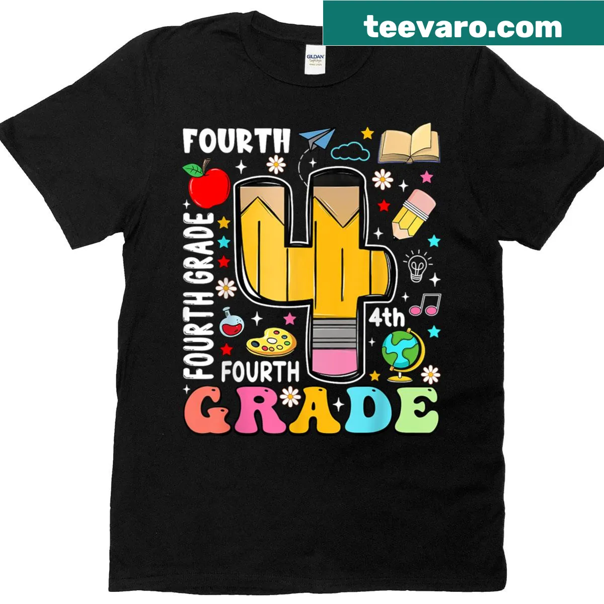 Illustrated T-shirt with a pencil and '4 Fourth Grade' text — on a men's t-shirt