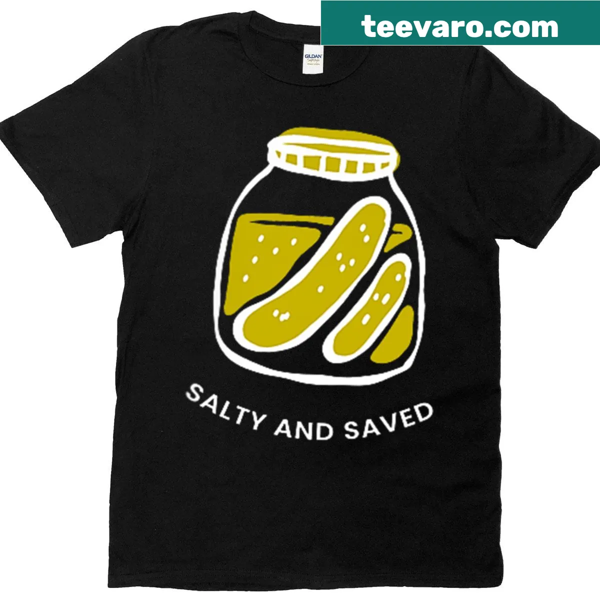 Playful T-shirt featuring the phrase 'Pickles Jesus Salty And Saved.' — on a men's t-shirt