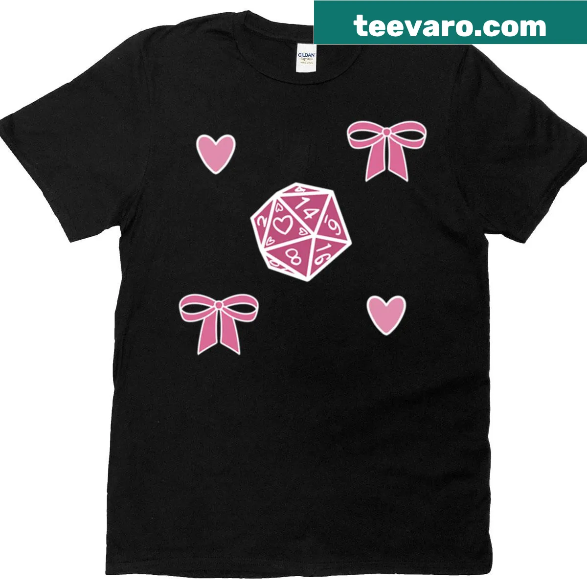 Playful pattern of pink D20 dice printed on a T-shirt. — on a men's t-shirt