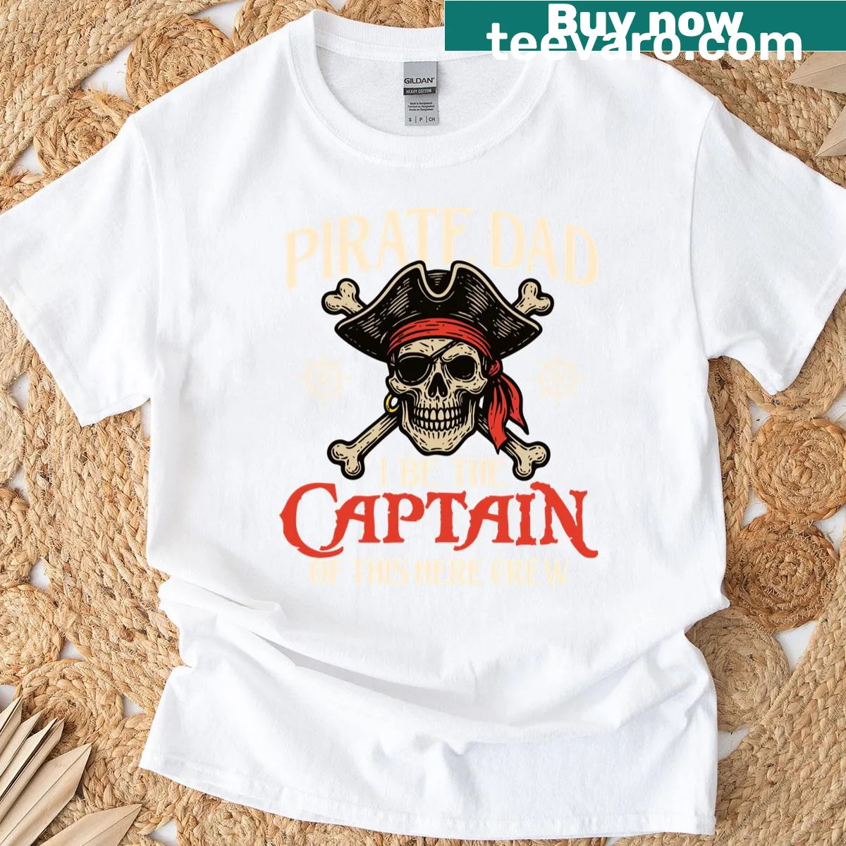Playful pirate-themed T-shirt for dads with captain text — on a men's t-shirt