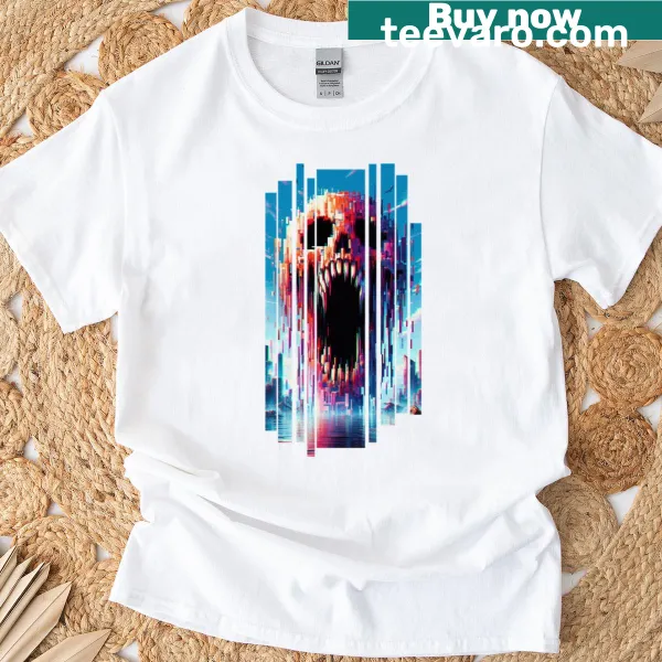 Pixelated skull graphic T-shirt with a modern design