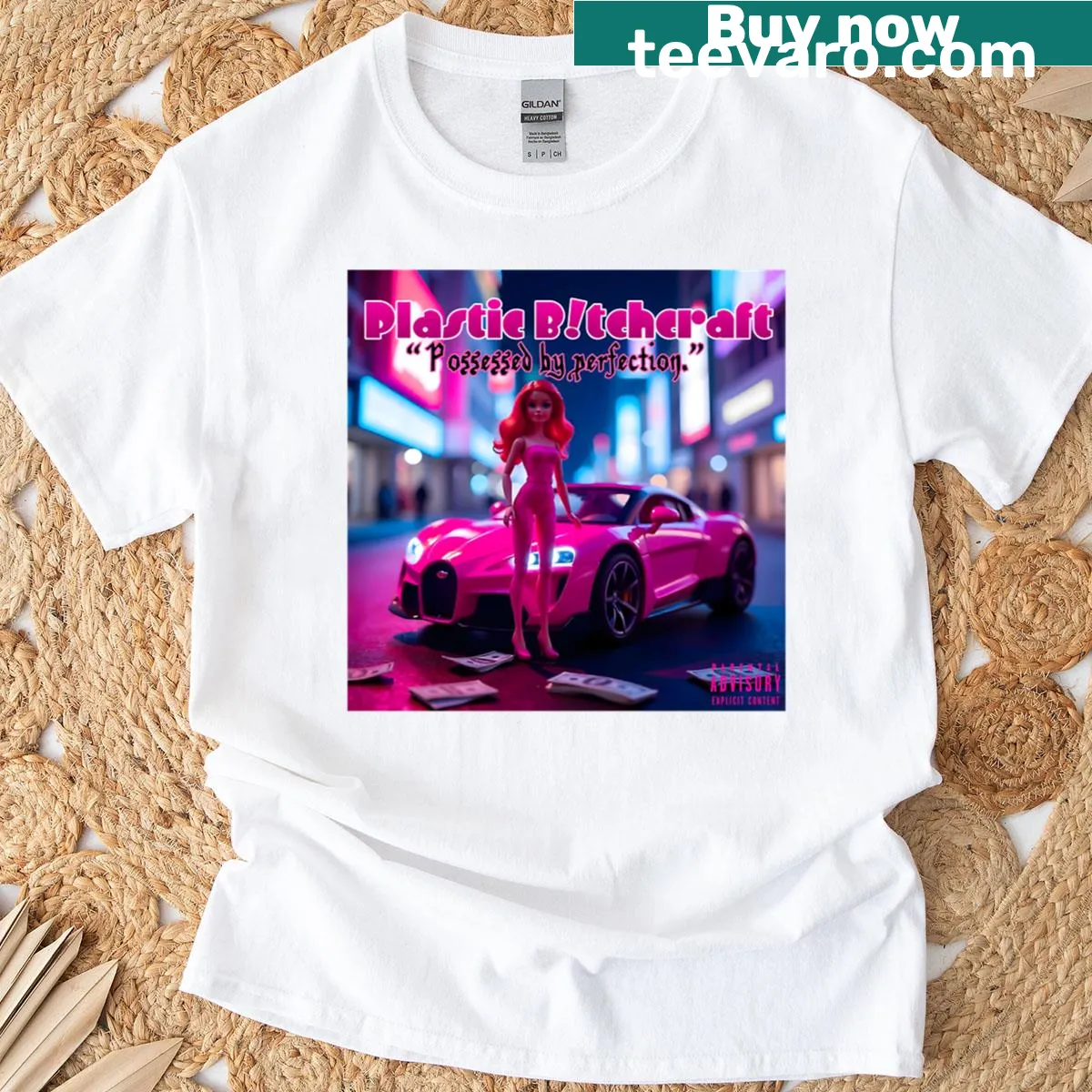 Album cover style graphic t-shirt representing synthetic dreams. — on a men's t-shirt