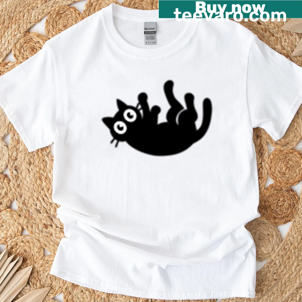Cartoon black cat in funny pose design T-shirt — on a men's t-shirt