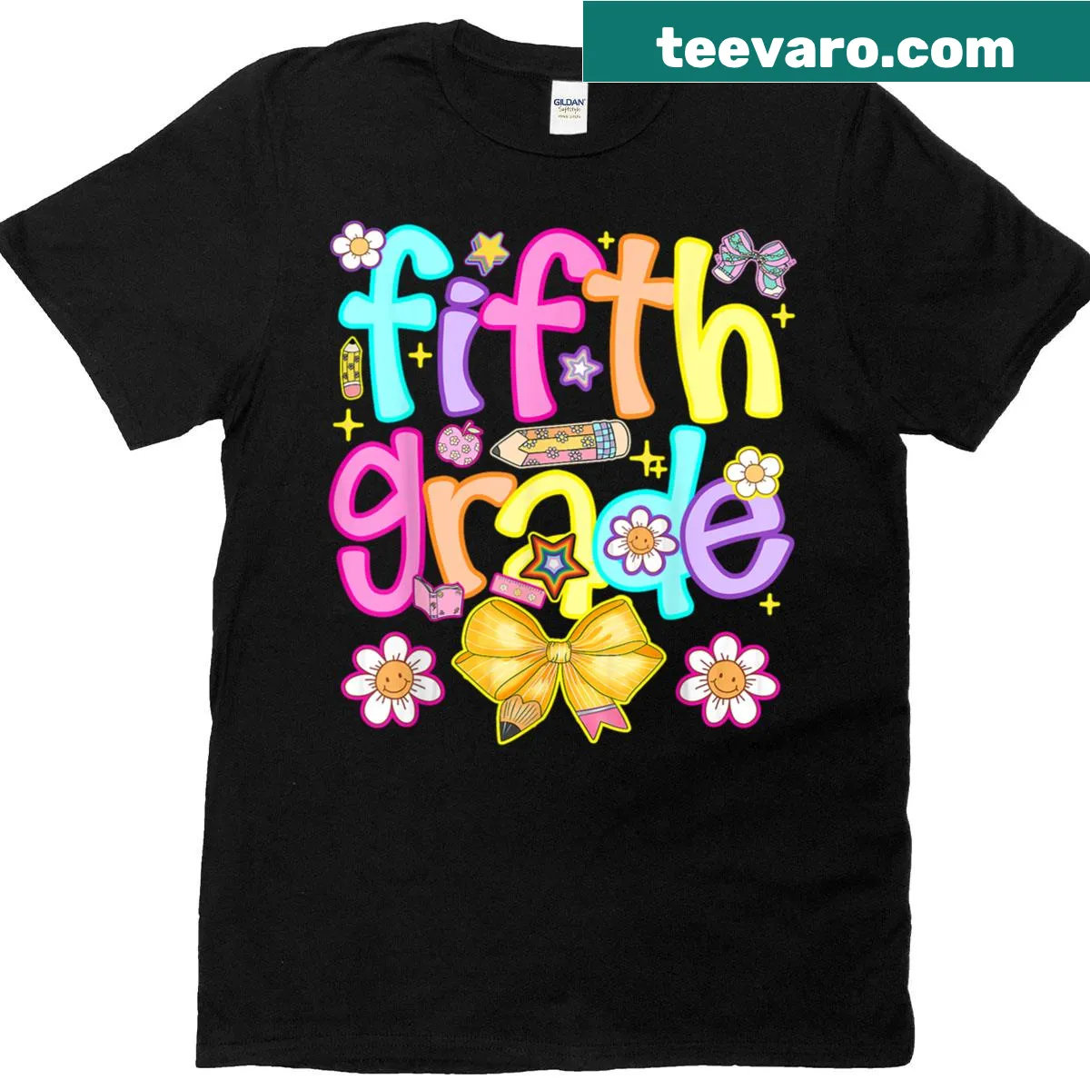 T-shirt celebrating Fifth Grade with playful design — on a men's t-shirt