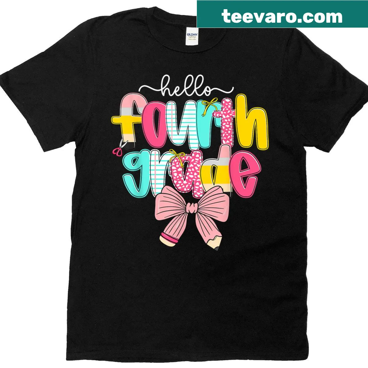 Illustrated T-shirt with bow design for 4th grade teachers — on a men's t-shirt