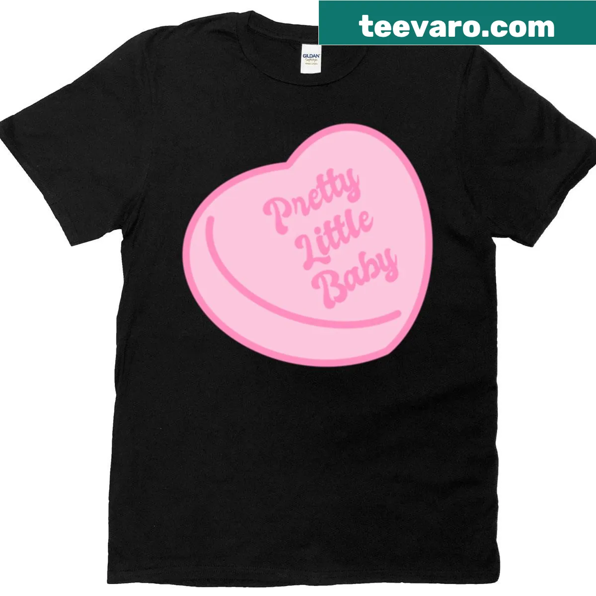 Baby pink candy heart graphic on T-shirt — on a men's t-shirt