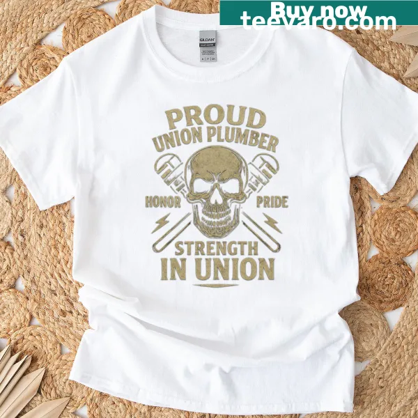 Vintage-style tee with a skull and plumbing tools graphic for Union Plumbers